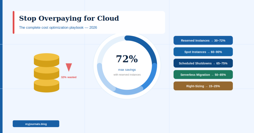 Cloud cost optimization strategies infographic showing savings from 15 percent for right-sizing up to 90 percent for spot instances