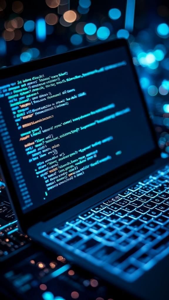 Laptop displaying computer code on screen with a glowing blue backlit keyboard in a dark environment.