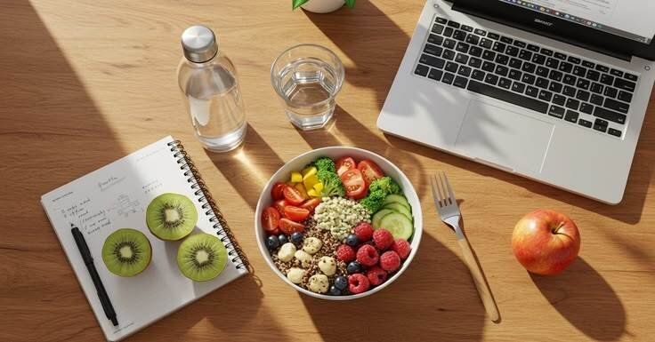 A healthy lunch bowl, laptop, notebook, and fresh fruits arranged on a wooden desk, showcasing brain food for workplace productivity.