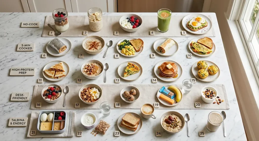 25 different quick and easy breakfast ideas in a colorful flat lay