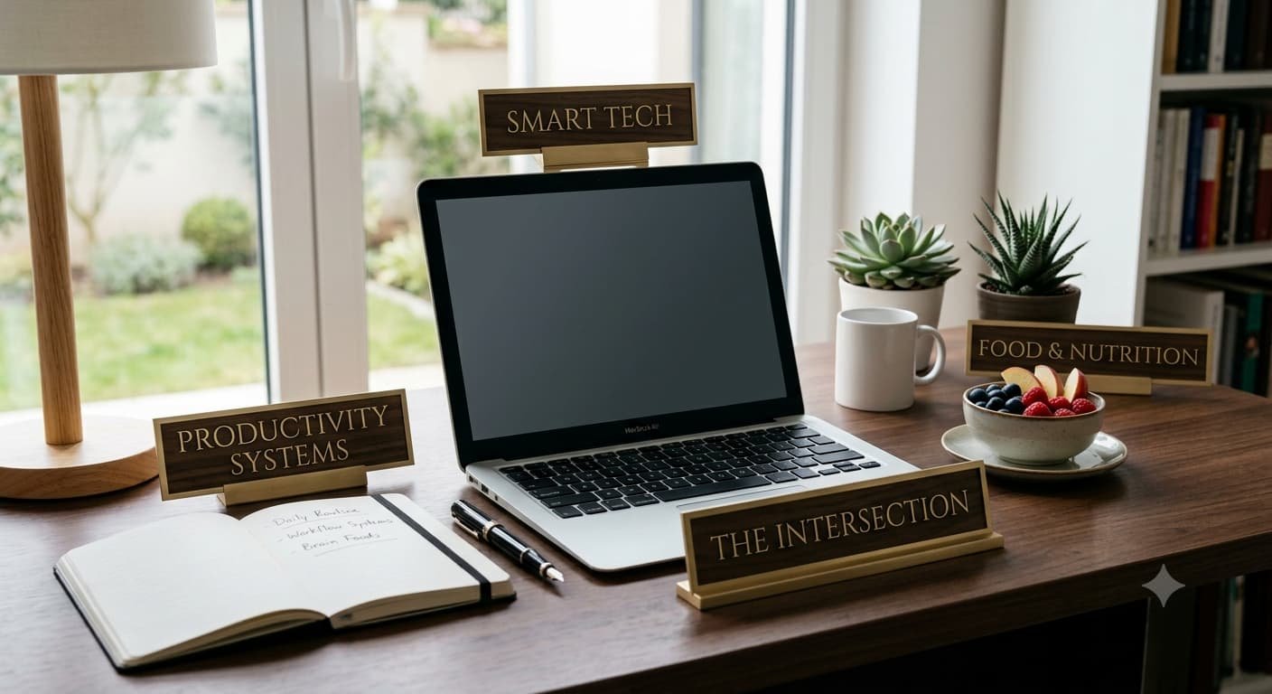 A modern wooden desk in a bright room, featuring an open laptop, a notebook and pen, a succulent, and a bowl of fresh fruit. Four physical brass and wood signs are placed around the objects, labeling them with larger text: "SMART TECH", "PRODUCTIVITY SYSTEMS", "THE INTERSECTION", and "FOOD & NUTRITION"