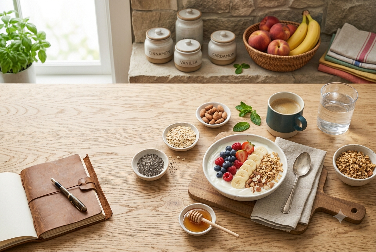 Flat lay of Greek yogurt breakfast with toppings like berries, oats, nuts, and honey on a wooden board