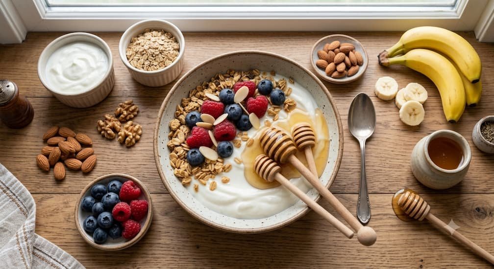 Ingredients for a Greek yogurt bowl arranged on a kitchen counter
