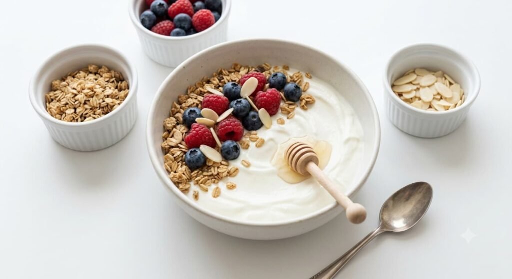 Greek yogurt bowl with berries, granola, and almonds