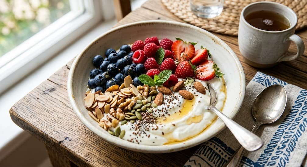 Greek yogurt breakfast bowl with berries, nuts, and seeds