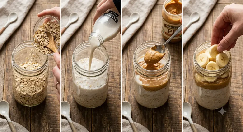 Step-by-step process for making an easy overnight oats recipe in a mason jar
