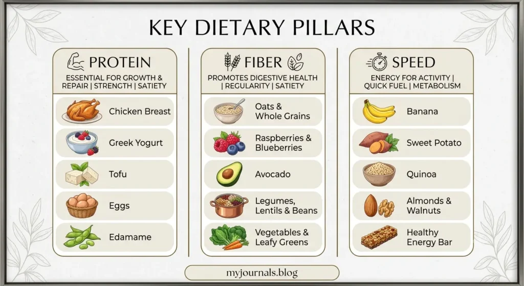 The Protein Fiber Speed framework showing three pillars for building a balanced breakfast in under 5 minutes

