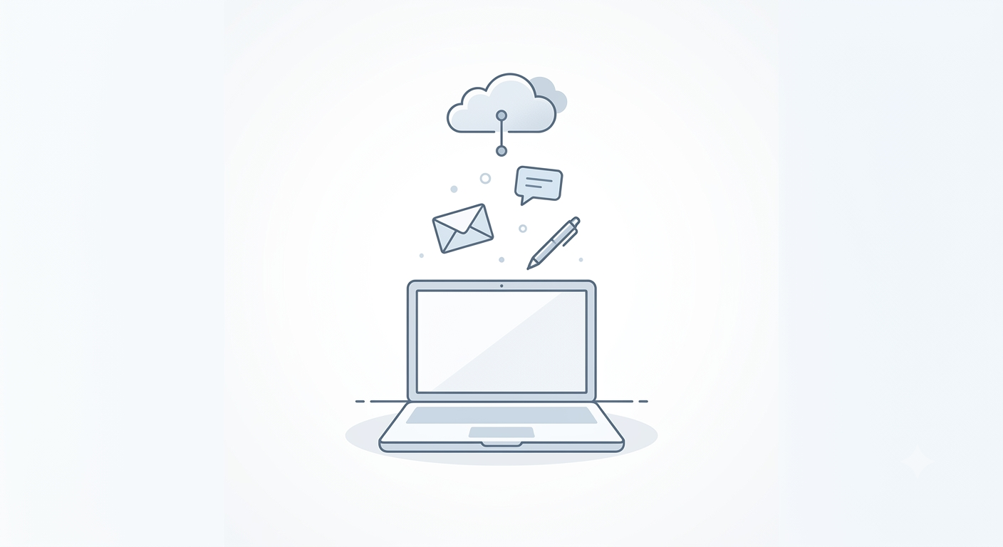 Clean vector graphic of a laptop and floating message icons representing online support and contact methods.