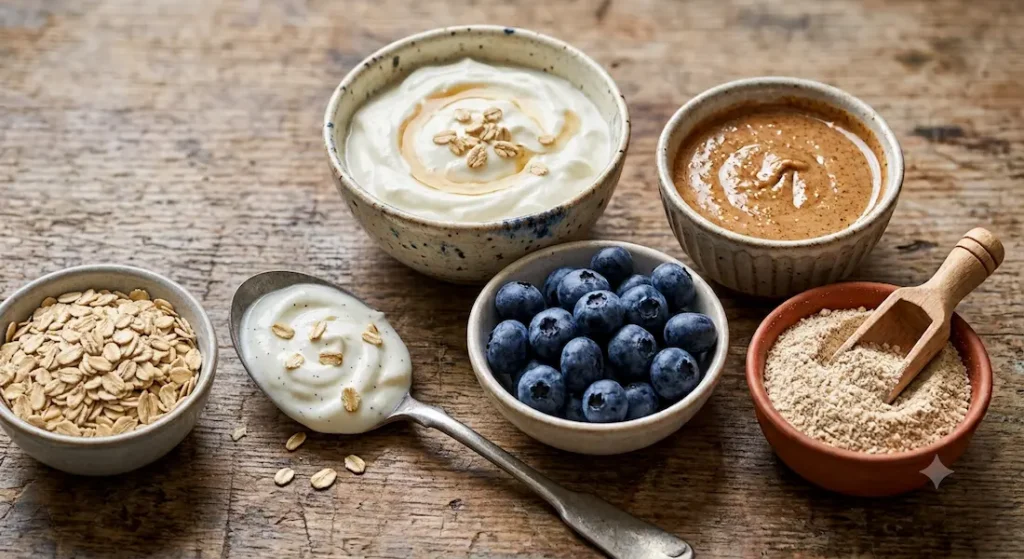 Close-up of the top energy-boosting breakfast foods including oats, Greek yogurt, blueberries, almonds, and Talbina

