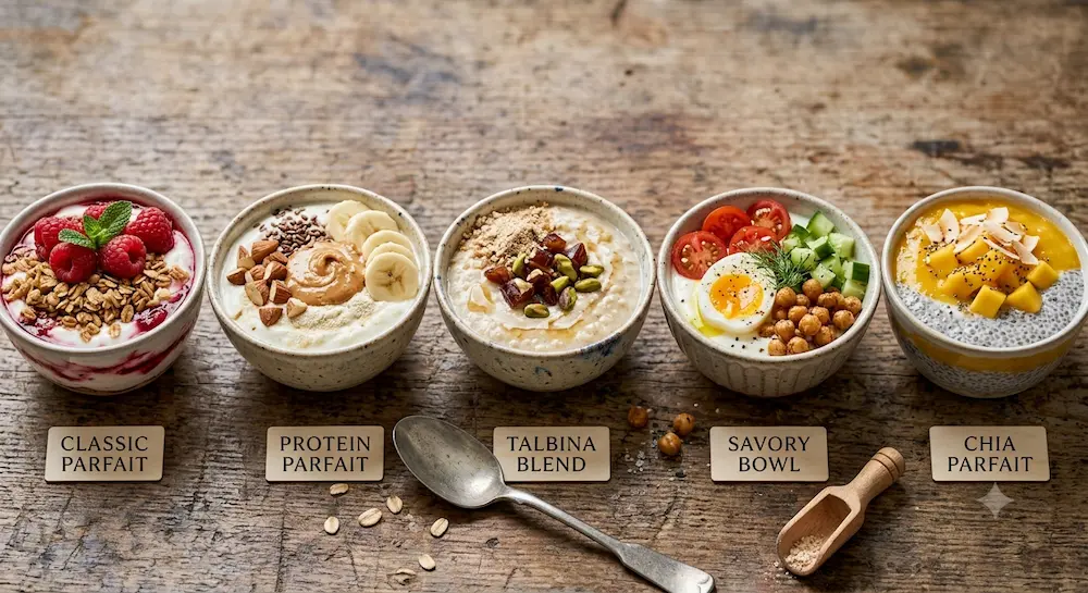 Five healthy breakfast ideas with Greek yogurt showing sweet, savory, high-protein, Talbina-blend, and chia parfait variations
