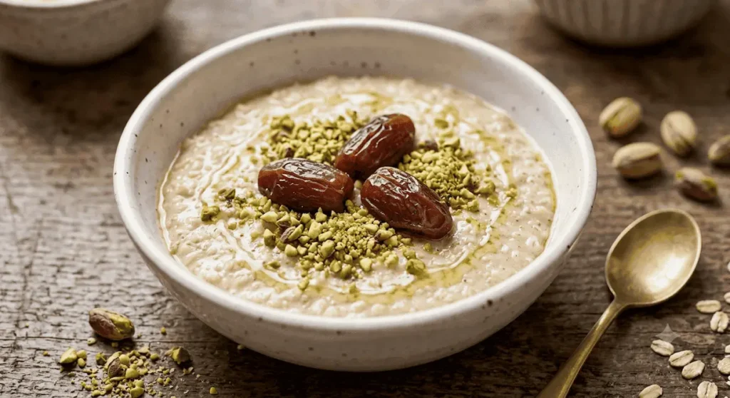 Warm Talbina breakfast bowl topped with dates, pistachios, and honey a traditional Middle Eastern energy-boosting breakfast