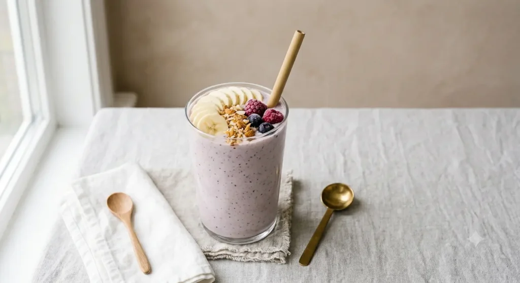 Banana protein shake served in a tall glass with almond topping.
