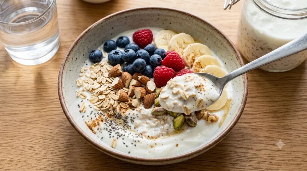 High-protein Greek yogurt oats bowl with berries, chia seeds, chopped nuts, and cinnamon on a light wooden table