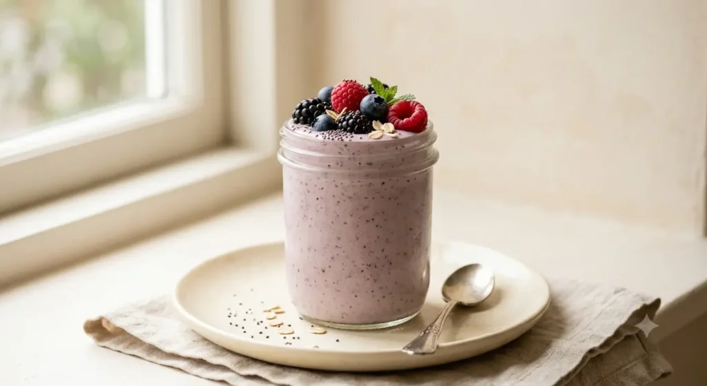 High protein breakfast smoothie in a clear glass jar topped with berries and chia seeds.