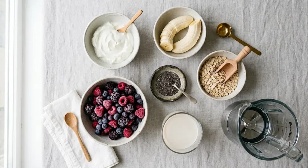 Ingredients for a high protein breakfast smoothie arranged in a clean flat lay.
