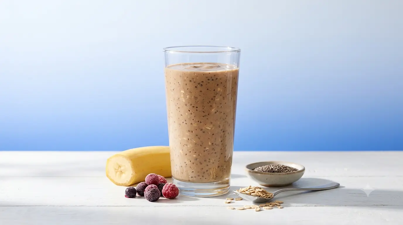 High protein breakfast smoothie in a glass with banana, berries, oats, and chia seeds on a wooden table