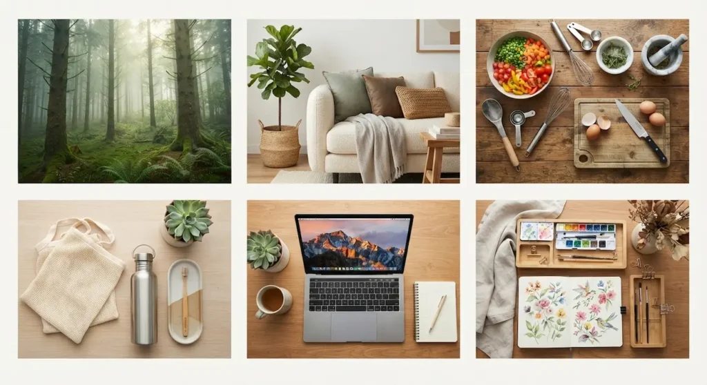 Misty green forest landscape, minimalist living room interior with cushions and indoor plants, fresh cooking preparation flat-lay on a rustic wooden table, eco-friendly reusable water bottle and cloth bag, modern laptop desk workspace setup, and an open creative journal arranged for daily productivity
