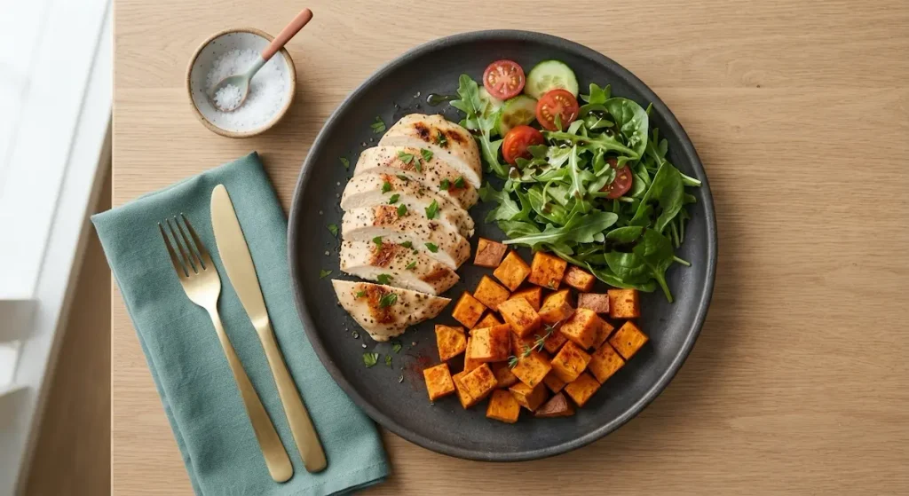 A freshly prepared meal plate divided into protein, complex carbohydrates, and healthy fats for macro tracking.