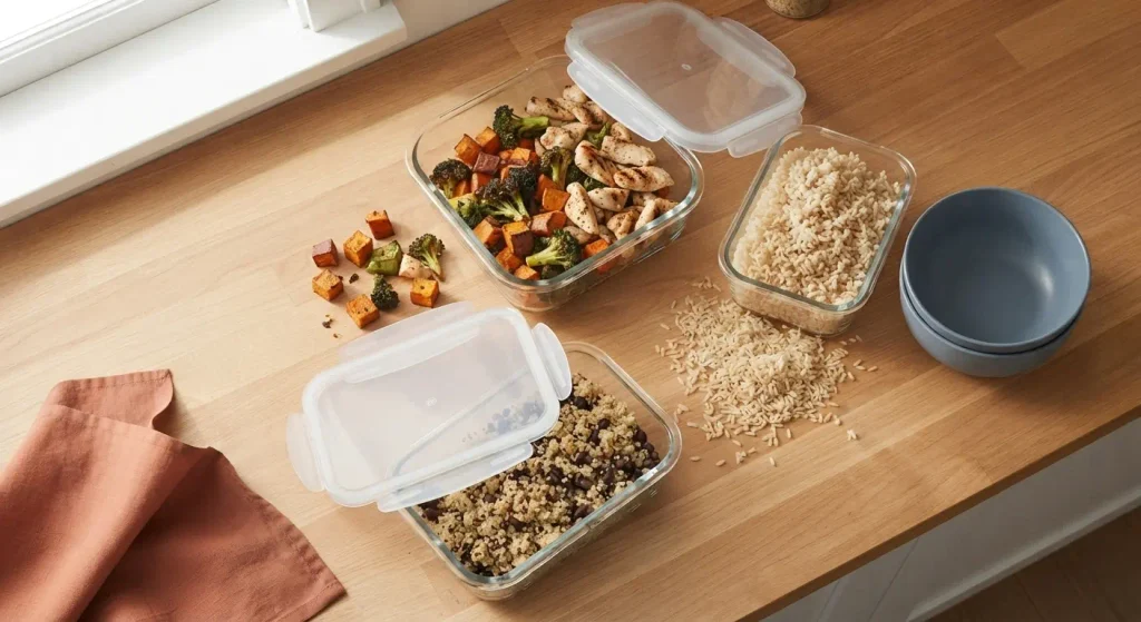 Organized kitchen counter showing common meal prep pitfalls like unsealed containers and poorly portioned food items