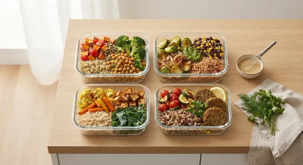 Glass meal prep containers filled with balanced portions of grains, roasted vegetables, and proteins