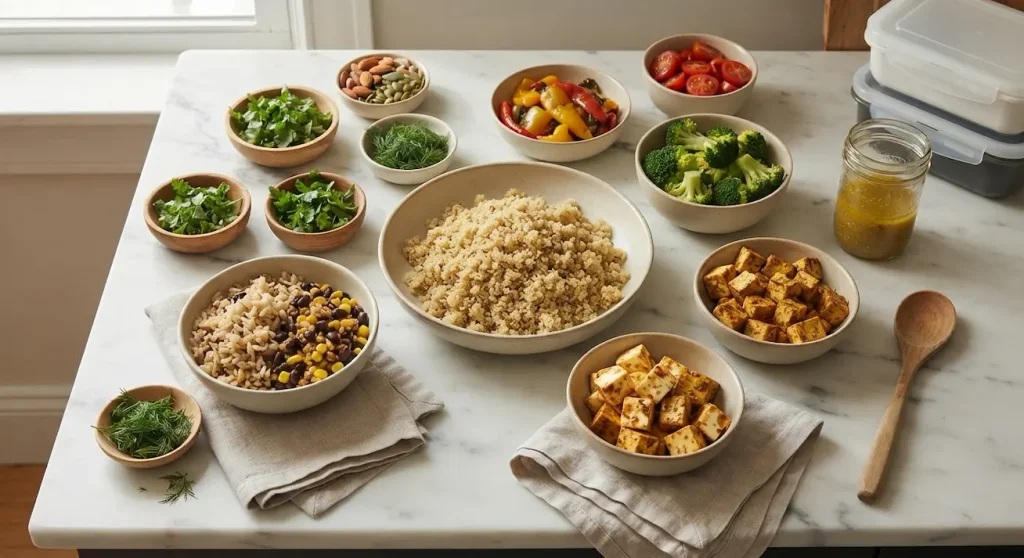 Fresh high-protein meal prep ingredients arranged on a clean kitchen counter