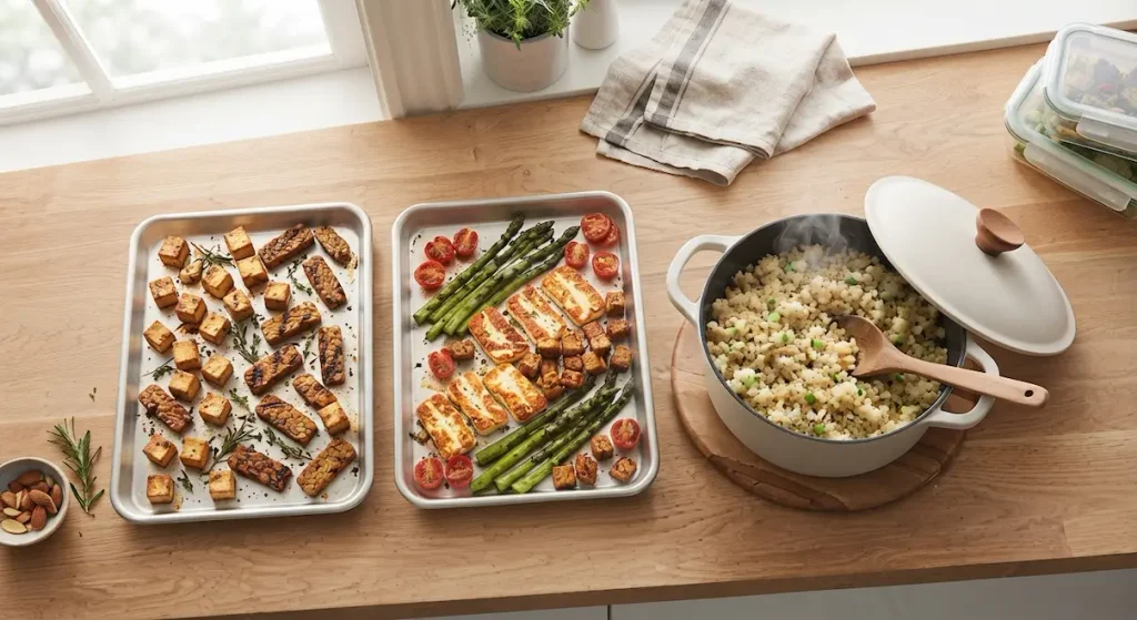 Sheet pans with roasted keto proteins and a pot of steamed cauliflower rice on a modern stovetop.