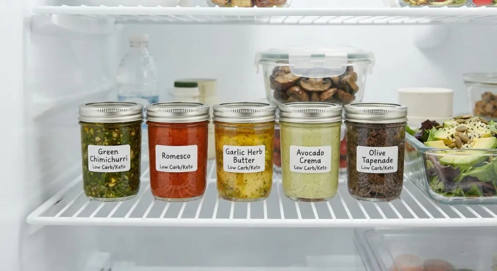 Small glass jars of low-carb chimichurri and herb butter inside a clean, organized refrigerator shelf.