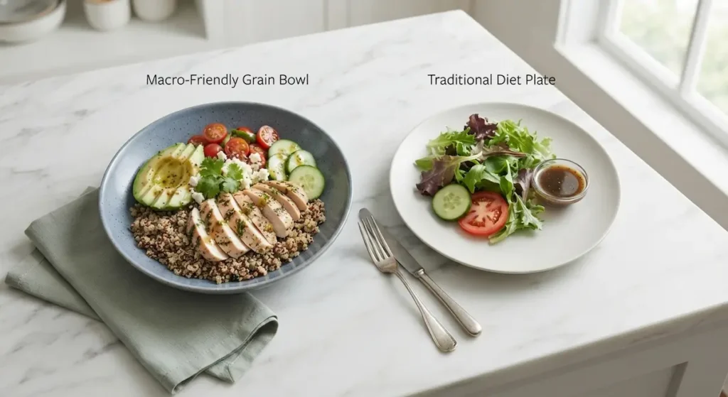 A clean, minimalist kitchen counter comparing a colorful macro-friendly meal bowl with a traditional strict diet plate, soft natural window light.