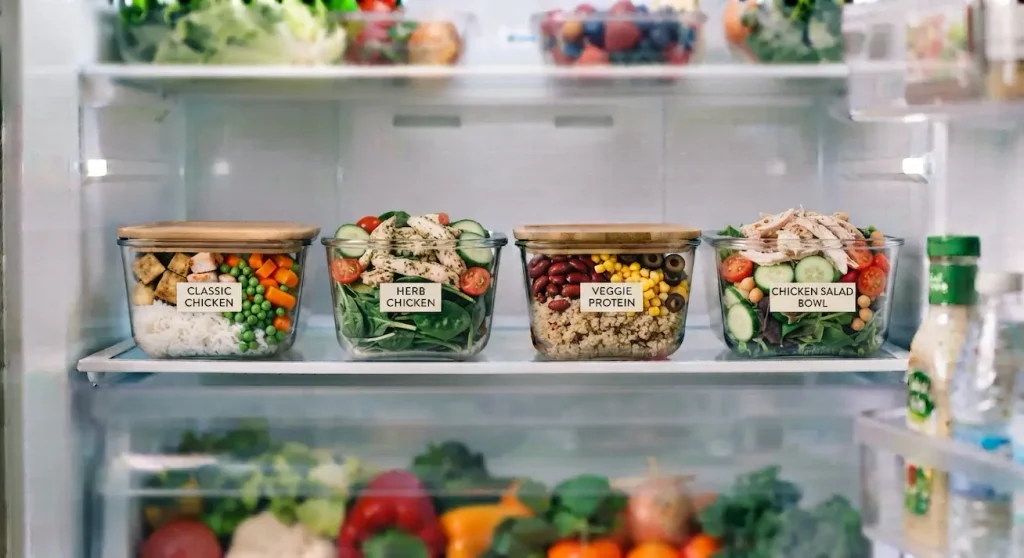 Airtight glass containers neatly organized in a refrigerator for safe meal storage