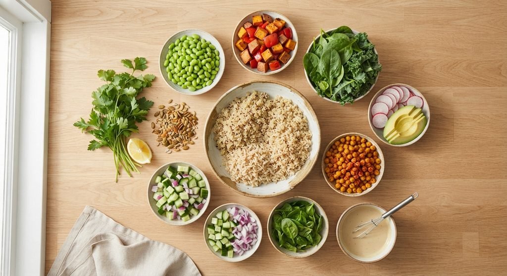 Top-down flat lay of various ceramic bowls filled with grains, roasted vegetables, fresh greens, chickpeas, and a whisked dressing arranged neatly on a wooden kitchen counter for meal prep.