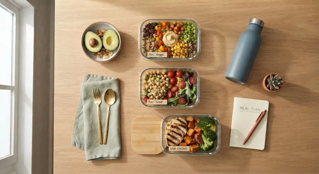 Organized weekly meal prep spread on a modern kitchen counter representing healthy habits and planning