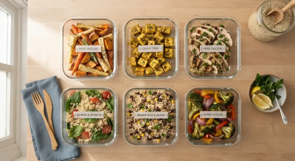 Clean minimalist flat-lay of a high-protein modular meal prep setup with separated glass containers