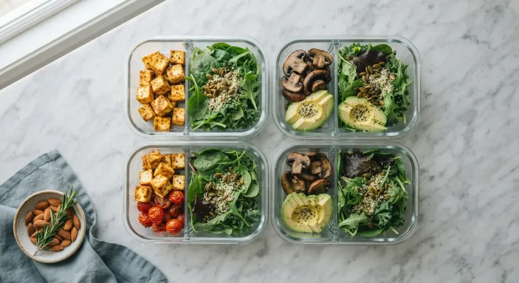 Glass meal prep containers filled with low-carb proteins and green vegetables on a minimalist kitchen counter.