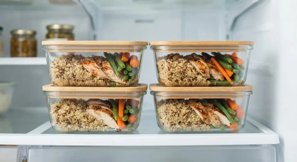 Four identical glass meal prep containers with bamboo lids neatly stacked in a home fridge shelf, showing prepared lunch portions of quinoa, teriyaki chicken, and green beans.