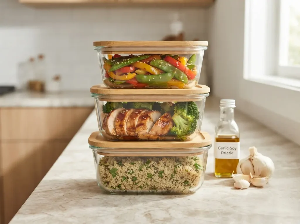 Stacked clear glass meal prep containers filled with halal chicken, rice, and vegetables, placed next to a small bottle of garlic-soy drizzle on a kitchen counter.